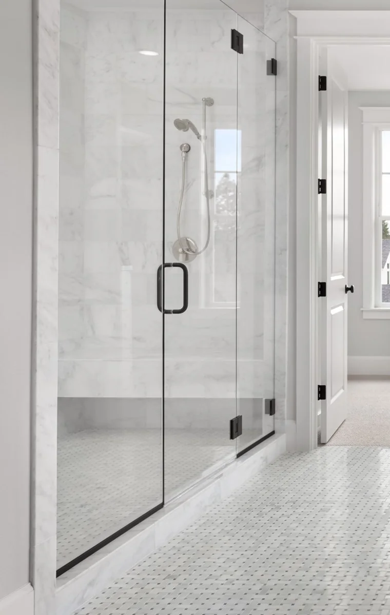 Marble shower enclosure with basketweave tile floor, Upper East Side bathroom renovation
