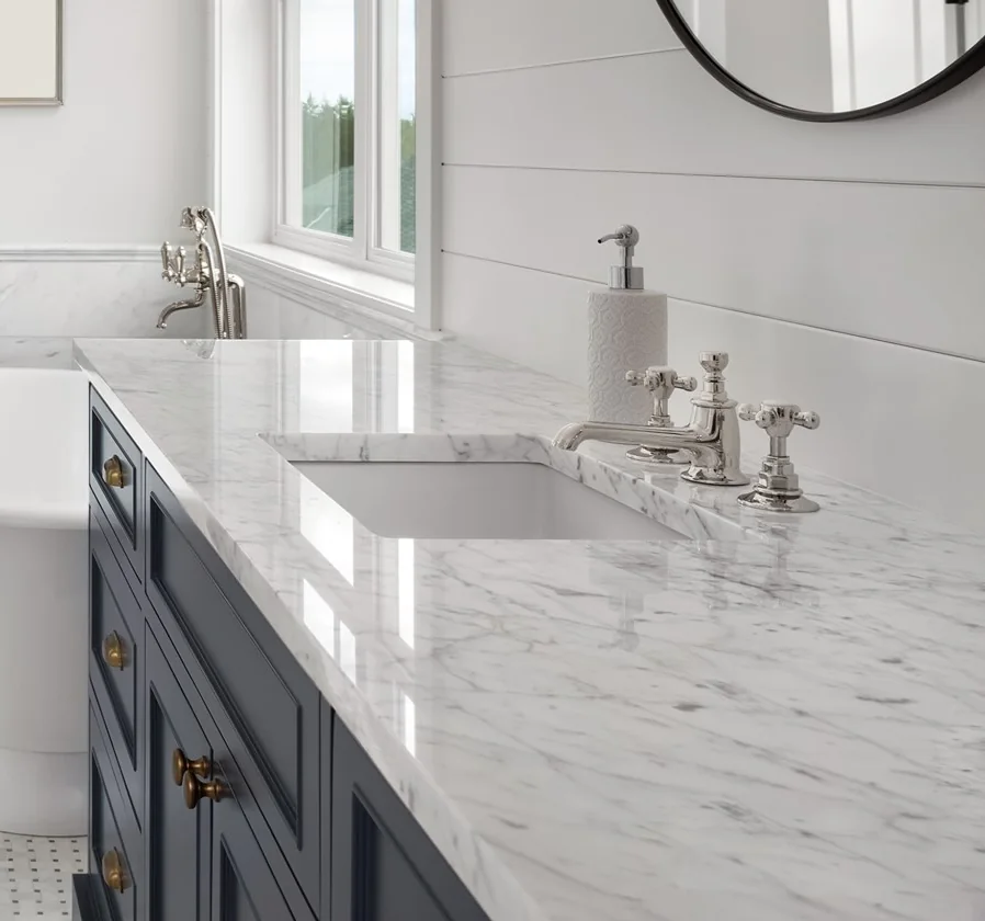 Marble vanity with polished nickel fittings, Carnegie Hill bathroom renovation