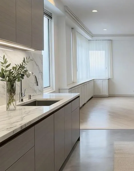 Marble waterfall counter and undermount sink in an Upper East Side galley kitchen