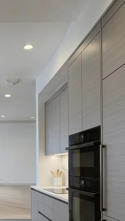 Full-height cabinetry with built-in wall ovens in a Fifth Avenue apartment kitchen