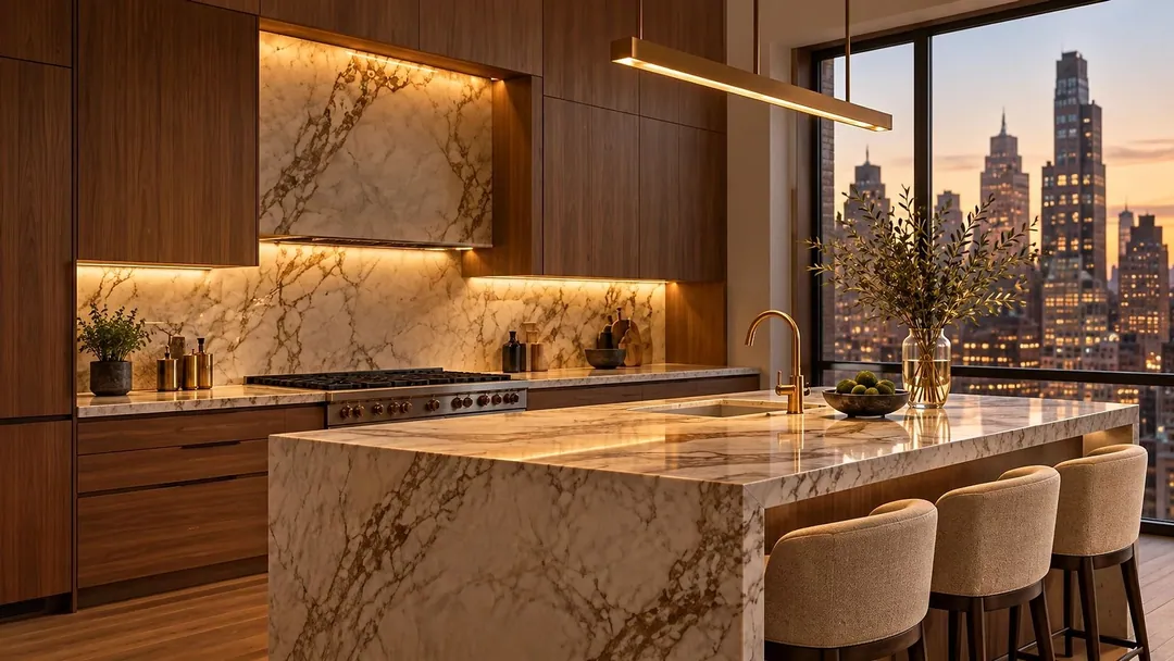 Luxury Manhattan kitchen remodel with walnut cabinetry, a marble waterfall island, brass faucet and skyline views at sunset, by Home Design & Co general contractor in NYC
