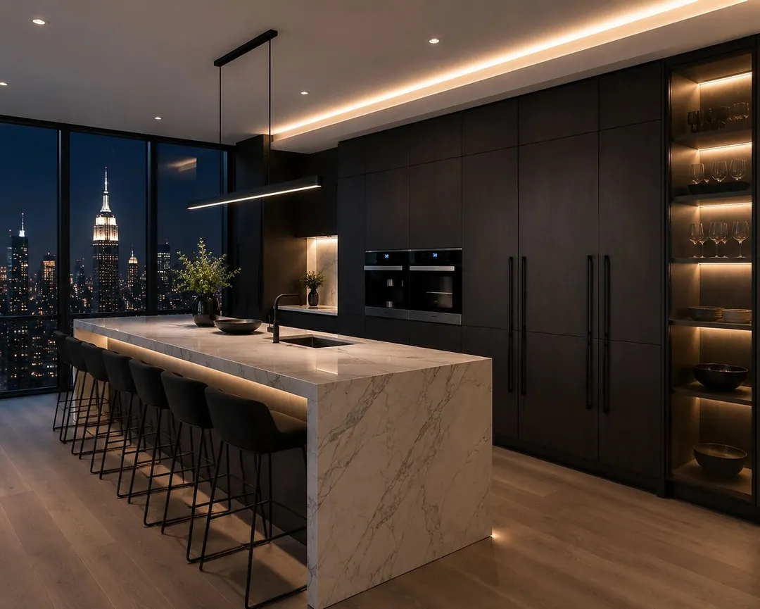 Luxury Manhattan kitchen remodel at night with dark wood cabinetry, a marble waterfall island, illuminated shelving and Empire State Building views