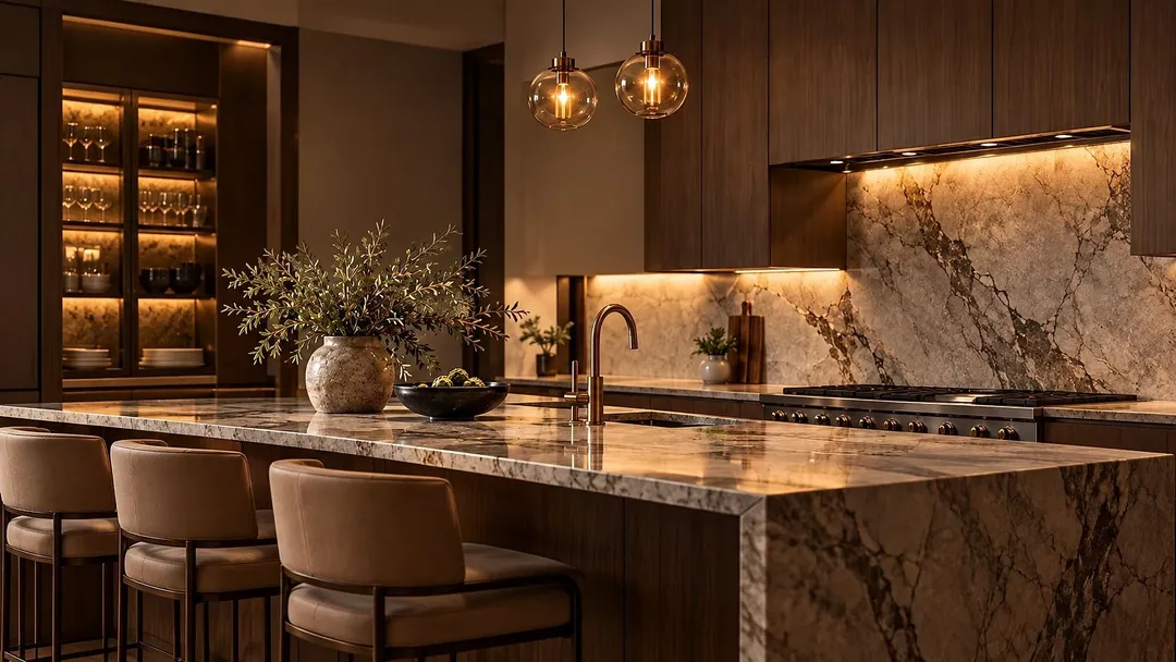 Warm Manhattan kitchen remodel with walnut cabinetry, a stone backsplash, brass faucet and glass pendant lights