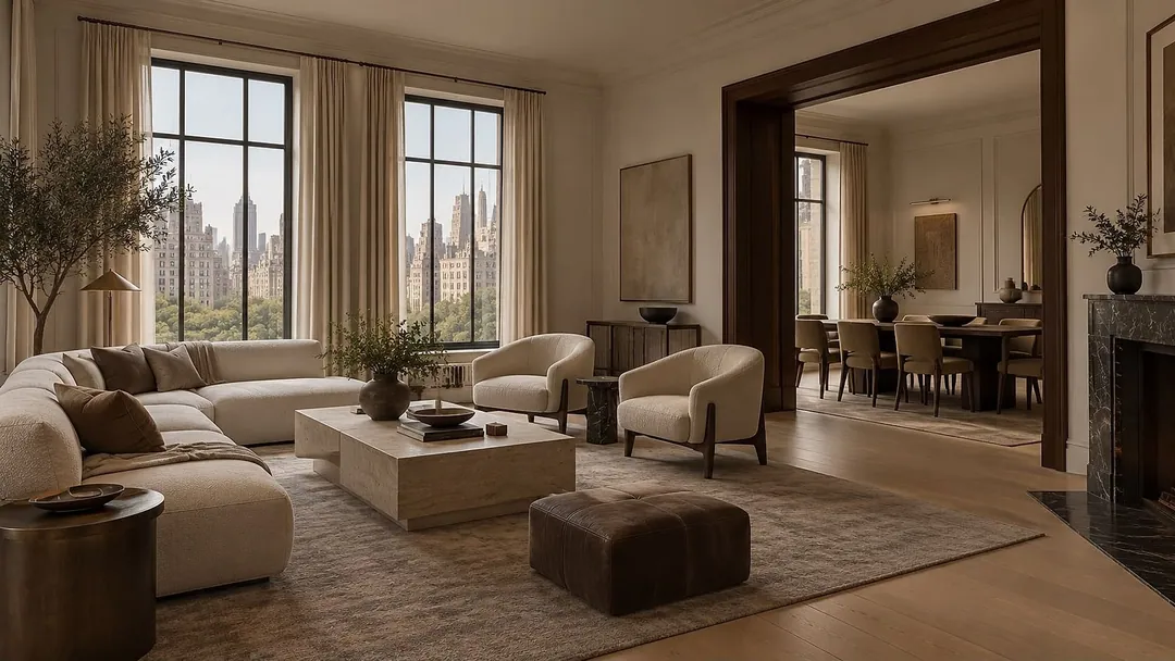 Elegant Manhattan living room renovation with tall black-framed windows, a travertine coffee table and Central Park views