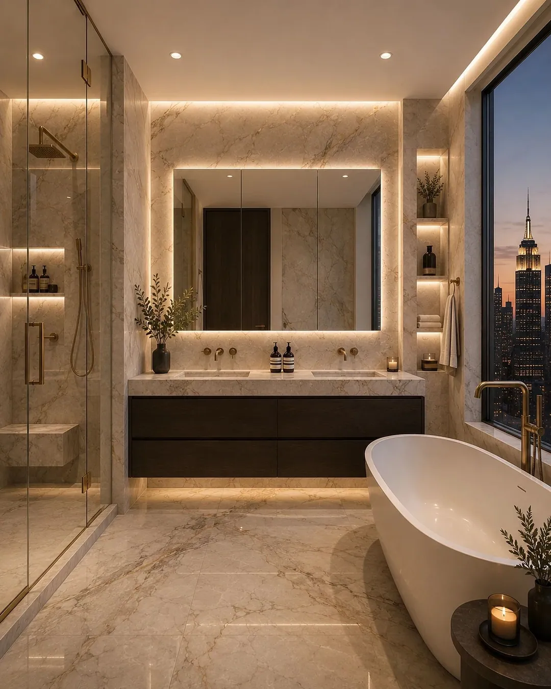 Luxury Manhattan bathroom renovation in beige marble and brass with a backlit mirror, floating walnut vanity, freestanding tub and Empire State Building view