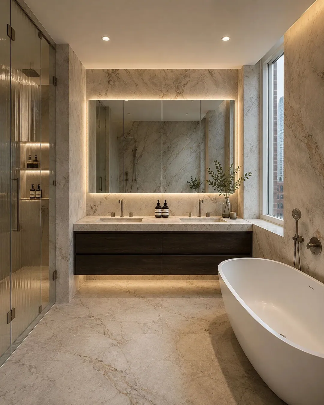 Marble bathroom with a backlit mirror, floating vanity and freestanding tub