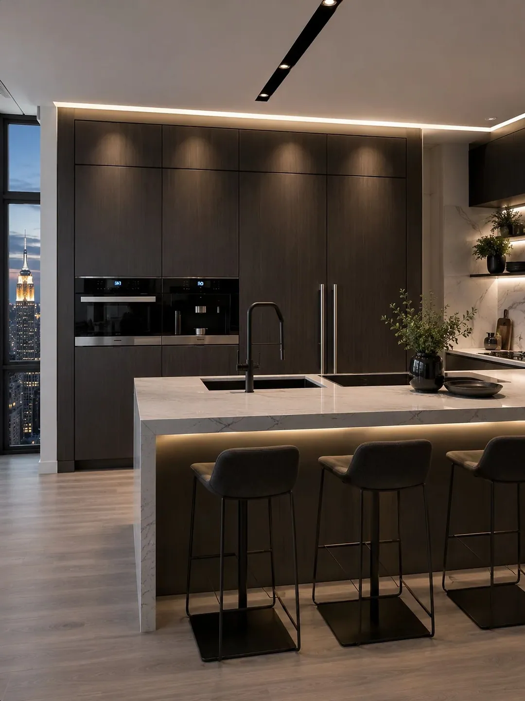 Dark walnut kitchen remodel with a marble waterfall island, brass details and illuminated glass cabinets