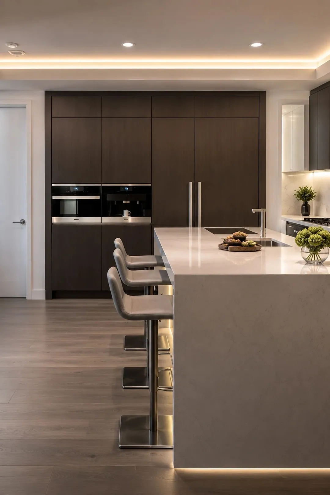 Light Manhattan kitchen with white and oak cabinetry, a marble island and brass pendant lights