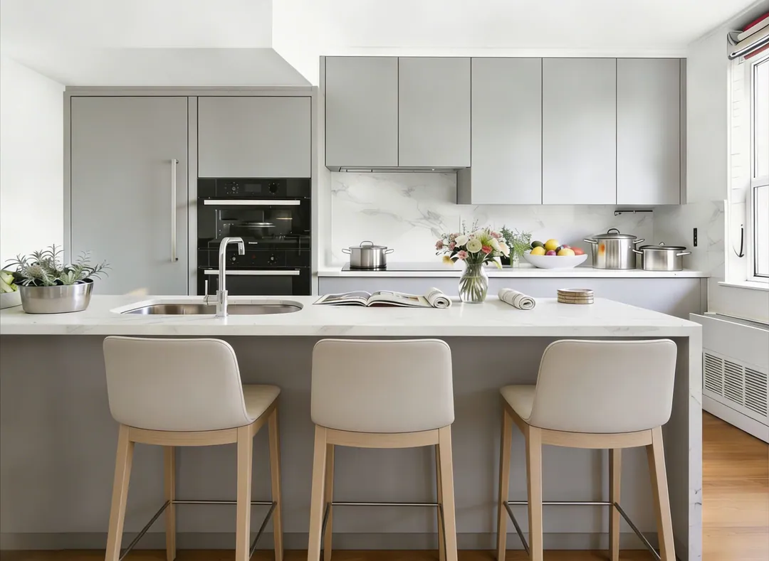 Light grey kitchen with a marble backsplash, built-in ovens and an island with upholstered stools, Manhattan renovation