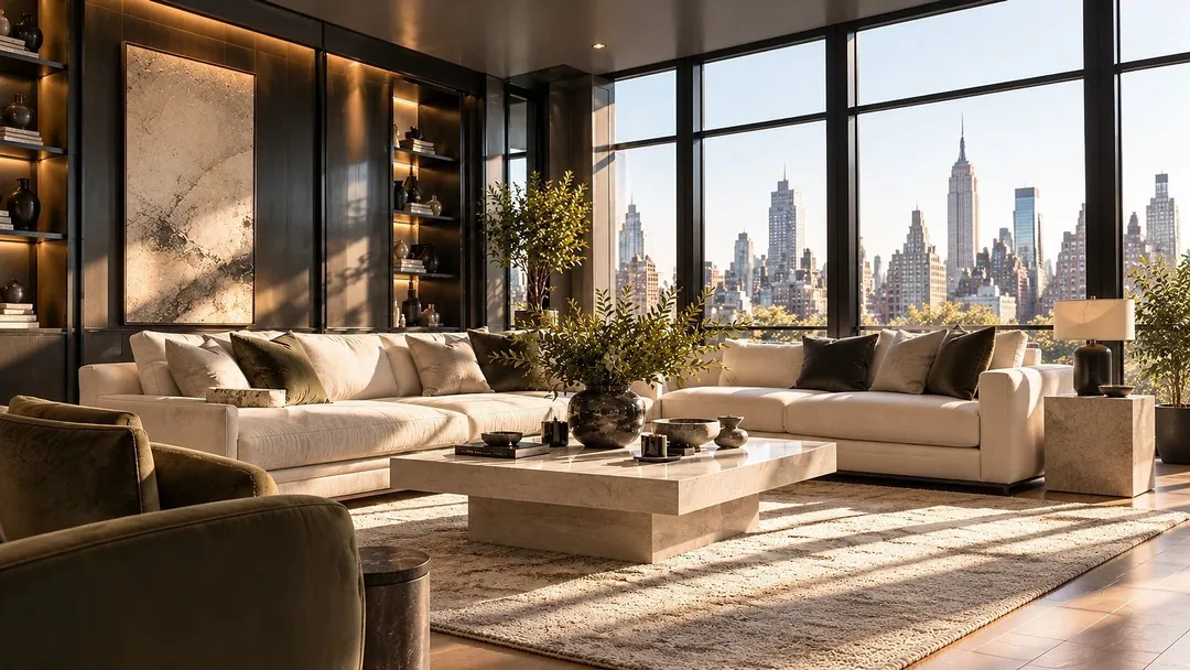 Spotless penthouse living room with cream sofas, a marble coffee table and Empire State Building views, cleaned by Home Design & Co