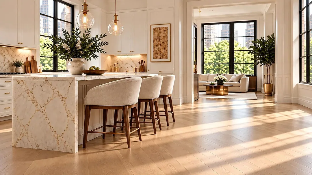 Light white oak hardwood floor in a bright Manhattan kitchen and living space, flooring installed by Home Design & Co