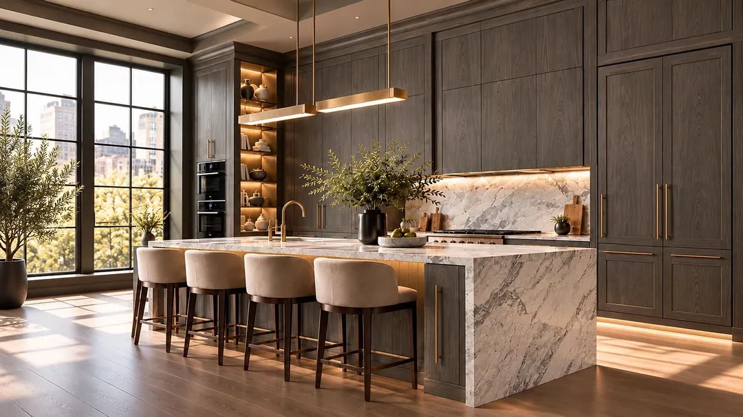 Custom grey-oak cabinetry with a marble waterfall island and brass pendant lights in a Manhattan kitchen, millwork by Home Design & Co