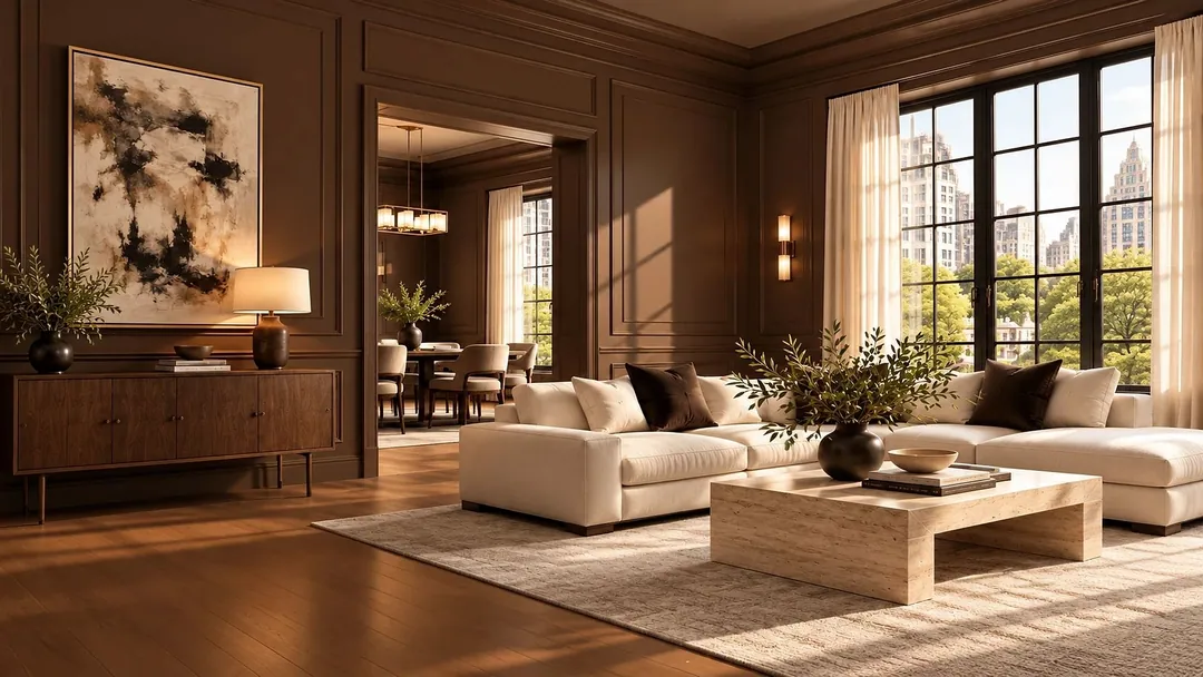 Manhattan living room with chocolate-painted paneled walls, a cream sofa and park views, painted by Home Design & Co