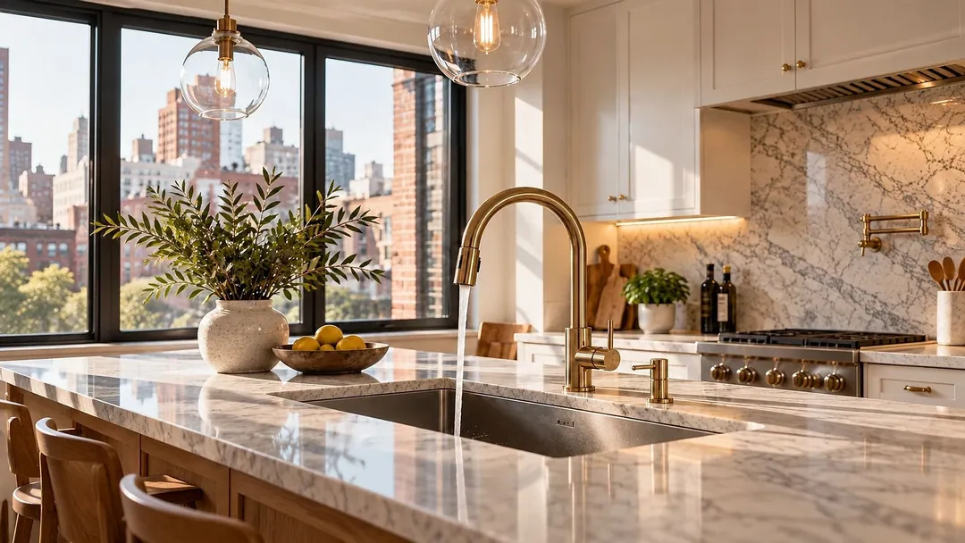 Brass faucet running into a stainless undermount sink on a marble island in a Manhattan kitchen, plumbing by Home Design & Co